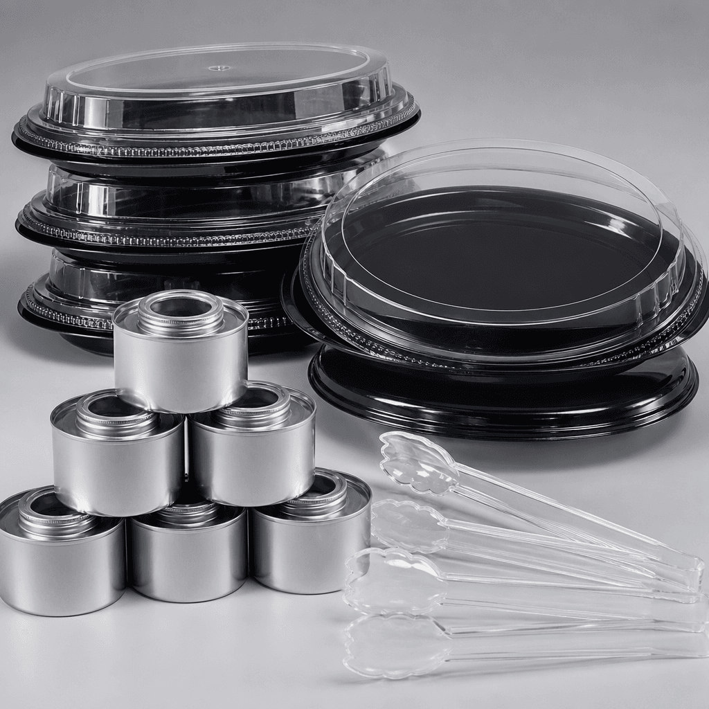 Catering supply pack-out with serving trays and disposable ware