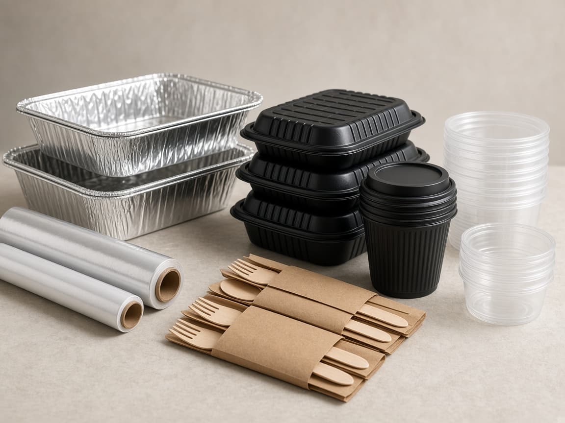 Studio still life of foodservice pans, cups, takeout containers, and cutlery kits