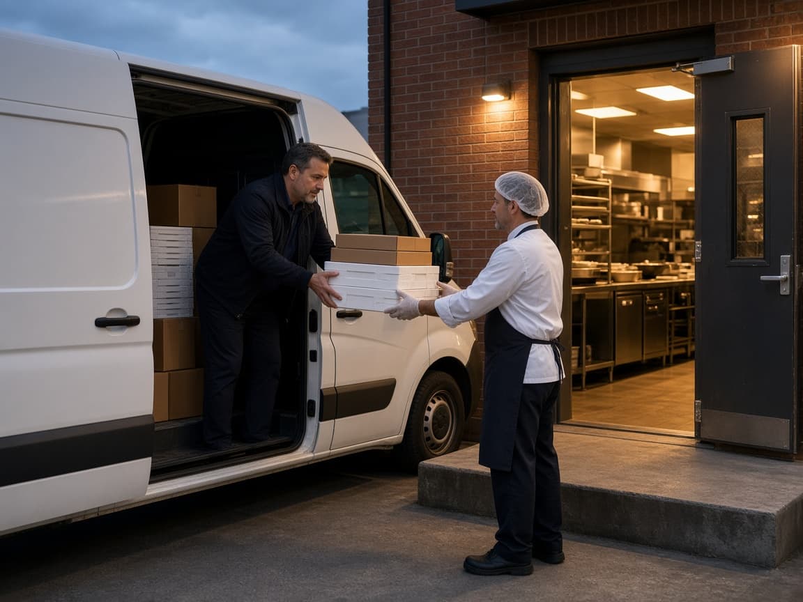 Cases of supplies handed off at a restaurant loading dock